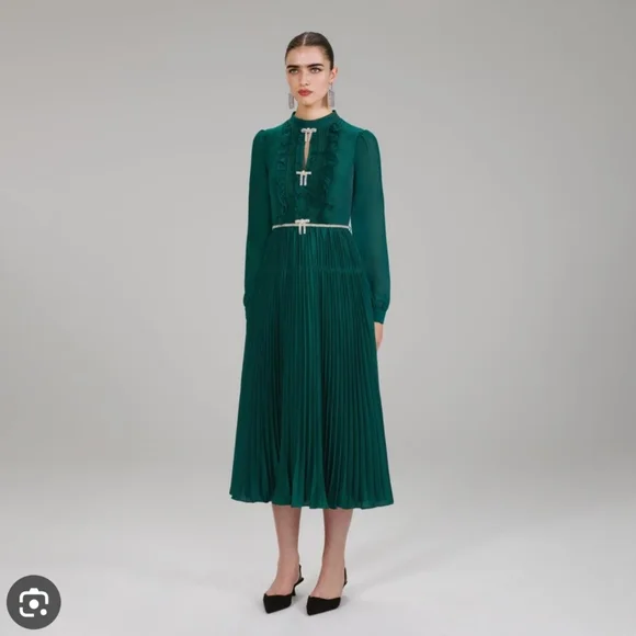 Self-Portrait | Dresses | Self Portrait Midi Pleated Dark Green Dress |  Poshmark